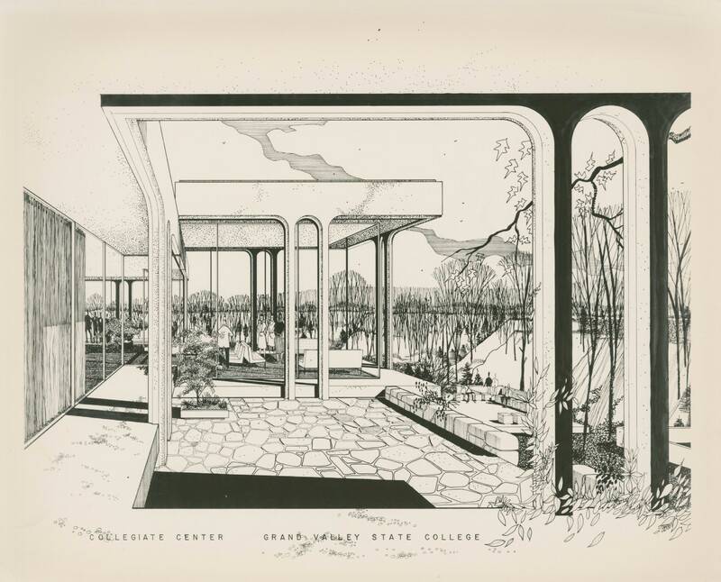 Seidman House. Architect's drawing of study lounge and outdoor terrace